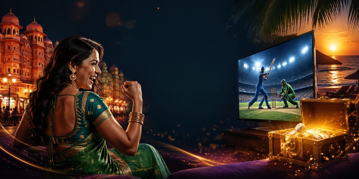 Indian woman watching cricket match while betting online via mobile